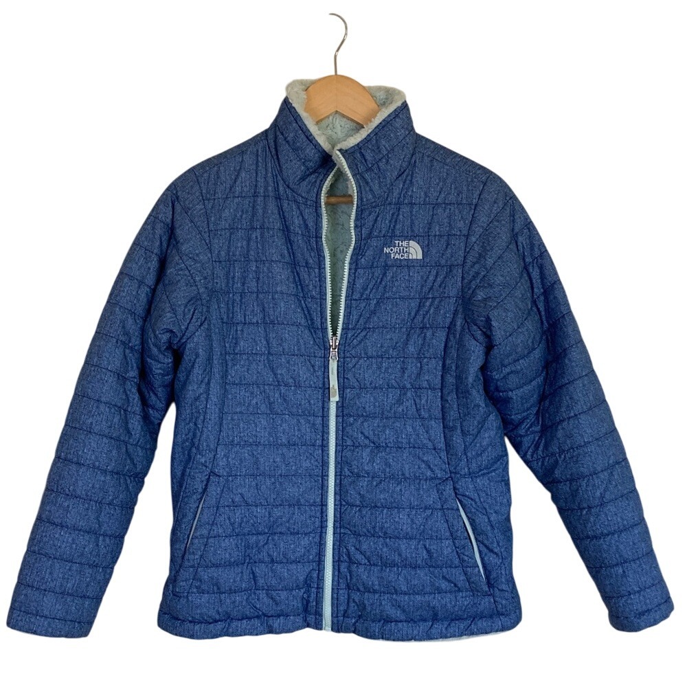 The North Face Girls Blue Quilted Jacket Size XL 18 Fuzzy Lining Reversible